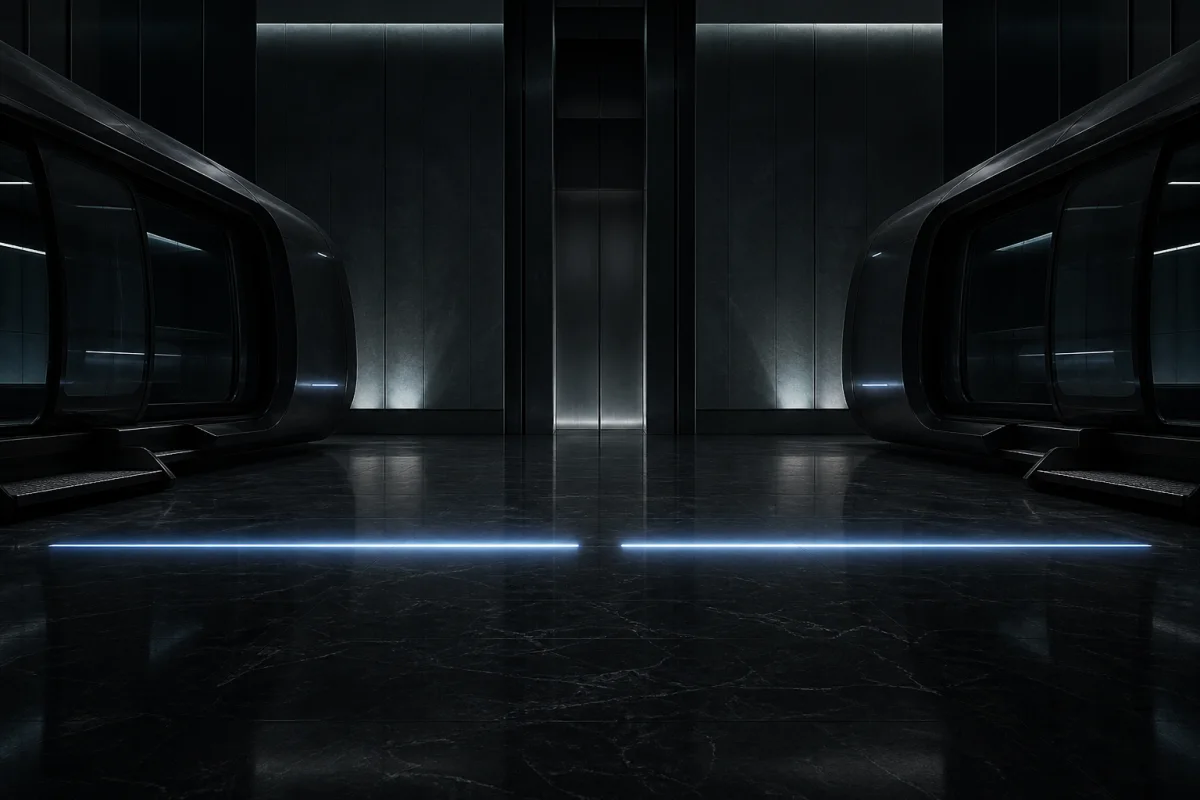Two transit pods separated by a narrow break in a blue line across the floor