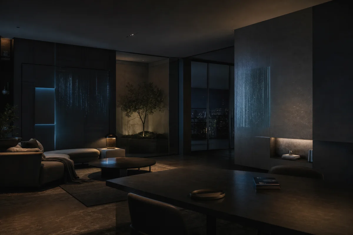 A dark domestic room with architectural surfaces quietly responding to an occupant