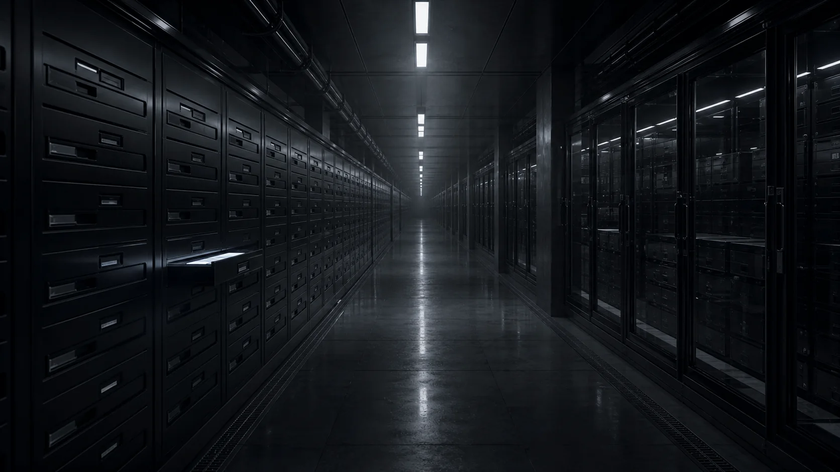 Long dark aisle of secure institutional archive drawers